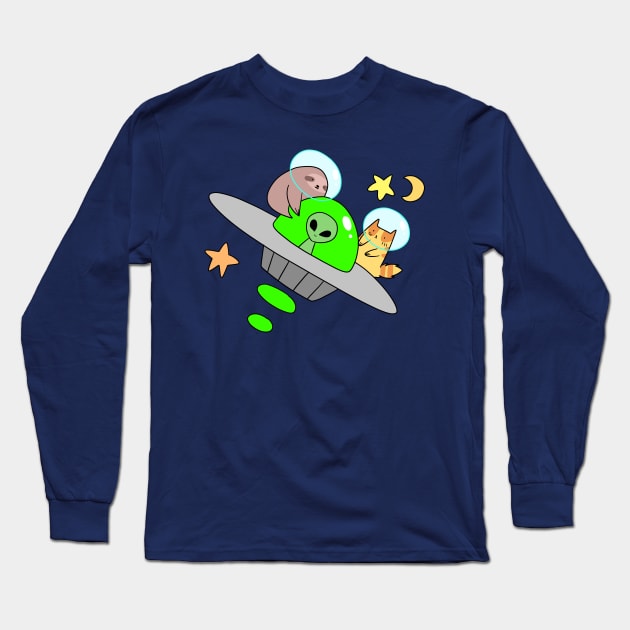 UFO Sloth and Tabby Cat Long Sleeve T-Shirt by saradaboru